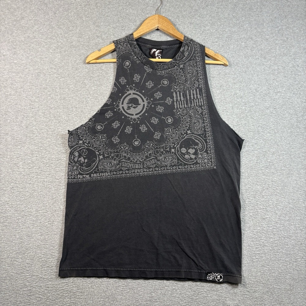 Vintage Metal Mulisha Tank Top Mens L Black Y2K Skull Bandana Cut Off Sleeveless